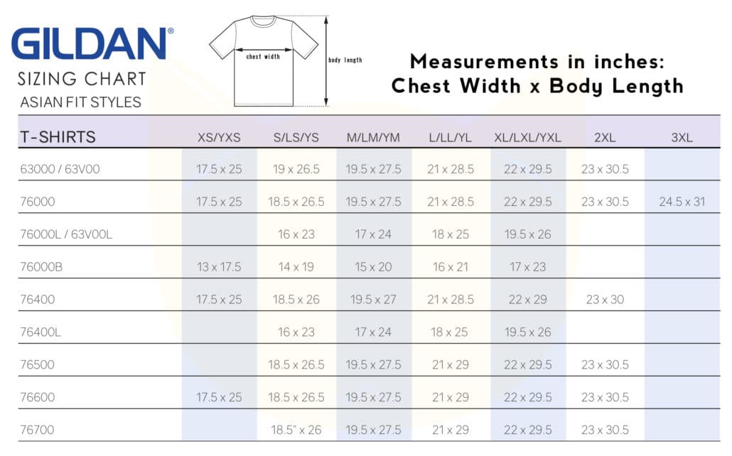 Gildan Unisex Size Chart