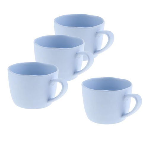 four blue melamine mugs